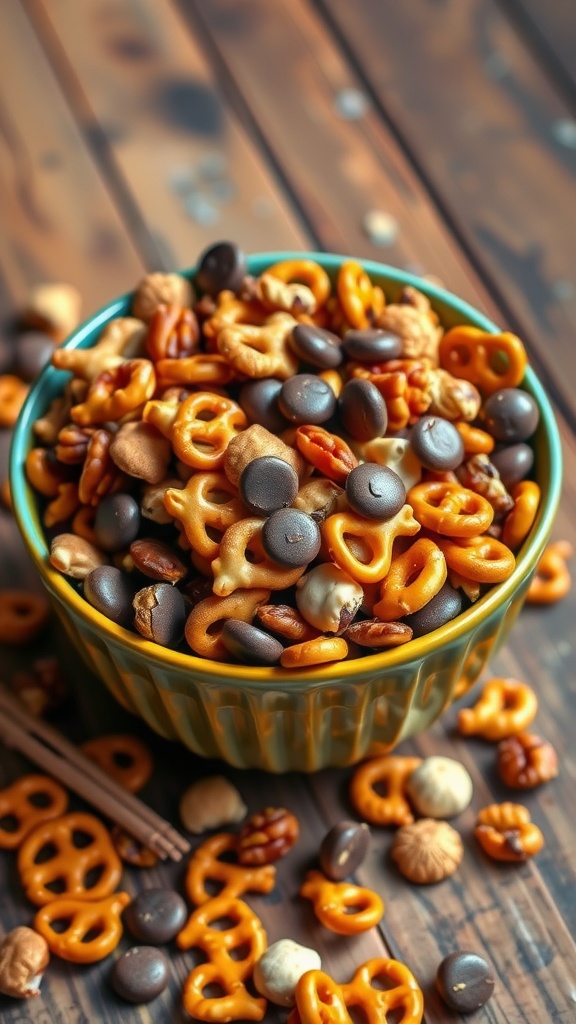 A colorful sweet and spicy snack mix with pretzels, nuts, and chocolate chips in a rustic bowl.